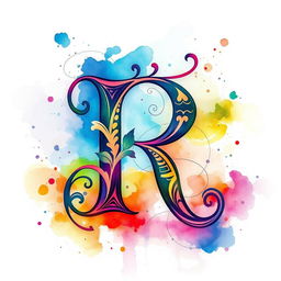 An artistic representation of the letter 'R', designed with intricate patterns and vibrant colors, surrounded by a dreamy, abstract background