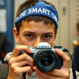 A teenage boy with slightly tanned but fair skin, featuring dark brown buzz cut hair and dark brown eyes, is at school