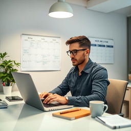 A professional data entry scene, featuring a person sitting at a modern office desk, focused on their laptop screen with data and spreadsheets visible