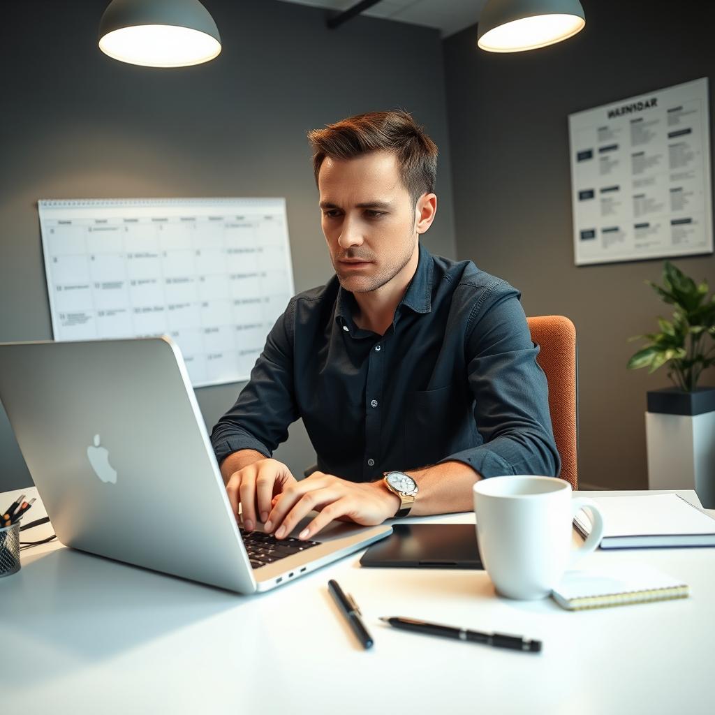 A professional data entry scene, featuring a person sitting at a modern office desk, focused on their laptop screen with data and spreadsheets visible