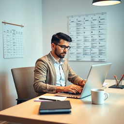 A professional data entry scene, featuring a person sitting at a modern office desk, focused on their laptop screen with data and spreadsheets visible