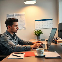 A professional data entry scene, featuring a person sitting at a modern office desk, focused on their laptop screen with data and spreadsheets visible