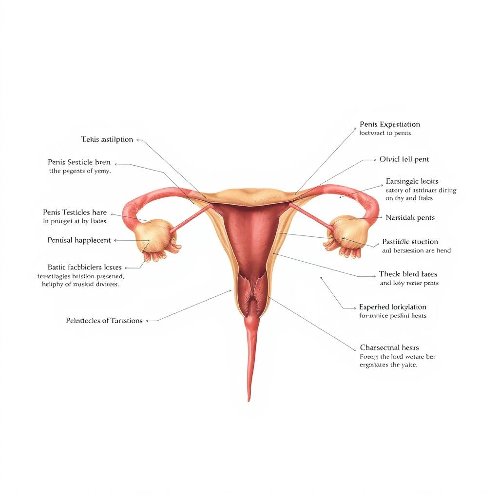 A realistic anatomical illustration of the male reproductive system, with detailed labels for educational purposes