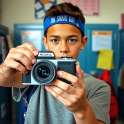 A slightly tanned but fair-skinned teenage boy with dark brown buzz cut hair and dark brown eyes stands in a school setting, holding a camera up to take a picture