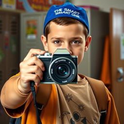 A slightly tanned but fair-skinned teenage boy with dark brown buzz cut hair and dark brown eyes stands in a school setting, holding a camera up to take a picture