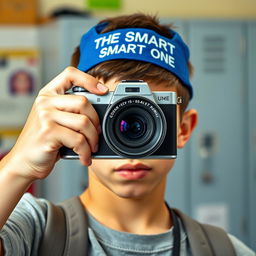 A slightly tanned but fair-skinned teenage boy with dark brown buzz cut hair and dark brown eyes stands in a school setting, holding a camera up to take a picture