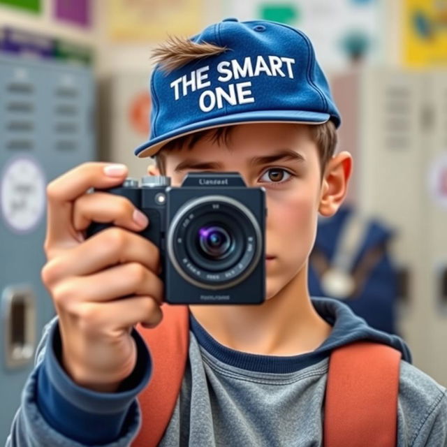 A slightly tanned but fair-skinned teenage boy with dark brown buzz cut hair and dark brown eyes stands in a school setting, holding a camera up to take a picture