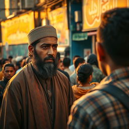 A dramatic scene depicting a confrontation between two individuals in a bustling urban setting