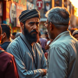 A dramatic scene depicting a confrontation between two individuals in a bustling urban setting