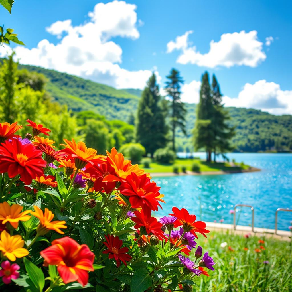 A beautiful and vibrant outdoor setting featuring a lush green park with colorful flowers blooming in varying shades of red, yellow, and purple