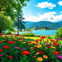 A beautiful and vibrant outdoor setting featuring a lush green park with colorful flowers blooming in varying shades of red, yellow, and purple