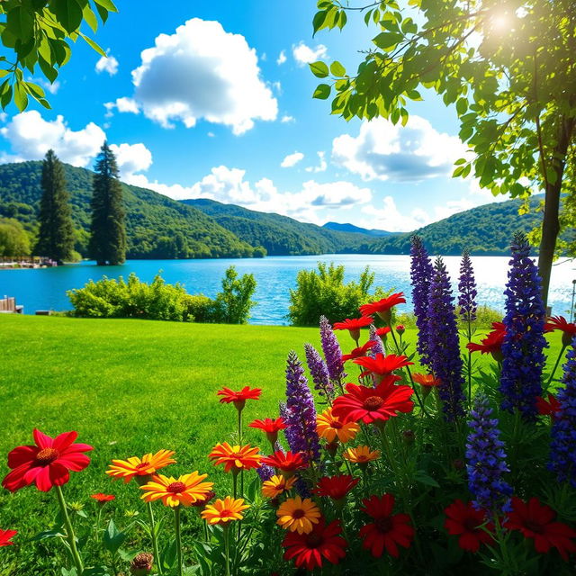 A beautiful and vibrant outdoor setting featuring a lush green park with colorful flowers blooming in varying shades of red, yellow, and purple