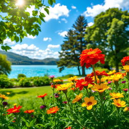 A beautiful and vibrant outdoor setting featuring a lush green park with colorful flowers blooming in varying shades of red, yellow, and purple