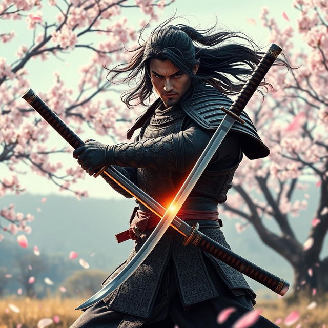 A dynamic scene featuring a samurai with two katana swords, one of which is sheathed in a traditional saya, inserted into the waistband