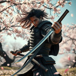 A dynamic scene featuring a samurai with two katana swords, one of which is sheathed in a traditional saya, inserted into the waistband
