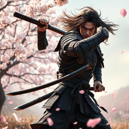 A dynamic scene featuring a samurai with two katana swords, one of which is sheathed in a traditional saya, inserted into the waistband