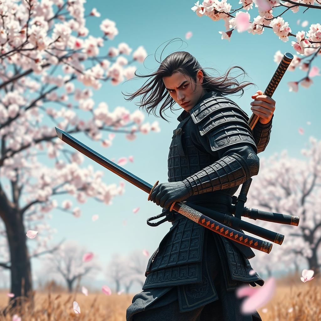 A dynamic scene featuring a samurai with two katana swords, one of which is sheathed in a traditional saya, inserted into the waistband