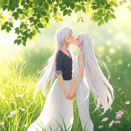 A beautiful couple, a boy and girl, both with long white hair, holding hands and kissing gently