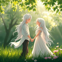 A beautiful couple, a boy and girl, both with long white hair, holding hands and kissing gently