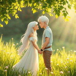 A beautiful couple, a boy and girl, both with long white hair, holding hands and kissing gently