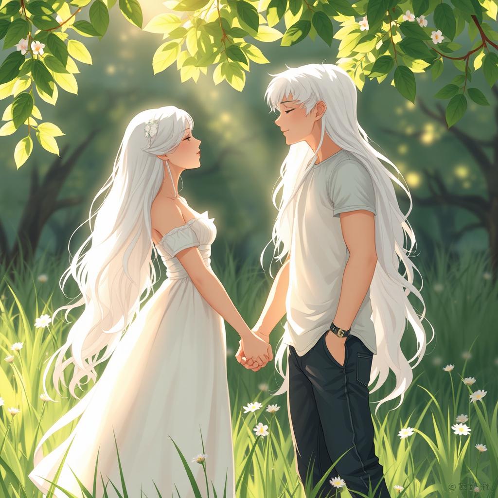 A beautiful couple, a boy and girl, both with long white hair, holding hands and kissing gently