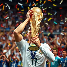 A highly detailed image of Cristiano Ronaldo celebrating with the FIFA World Cup trophy in a vibrant stadium, surrounded by cheering fans