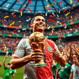 A highly detailed image of Cristiano Ronaldo celebrating with the FIFA World Cup trophy in a vibrant stadium, surrounded by cheering fans