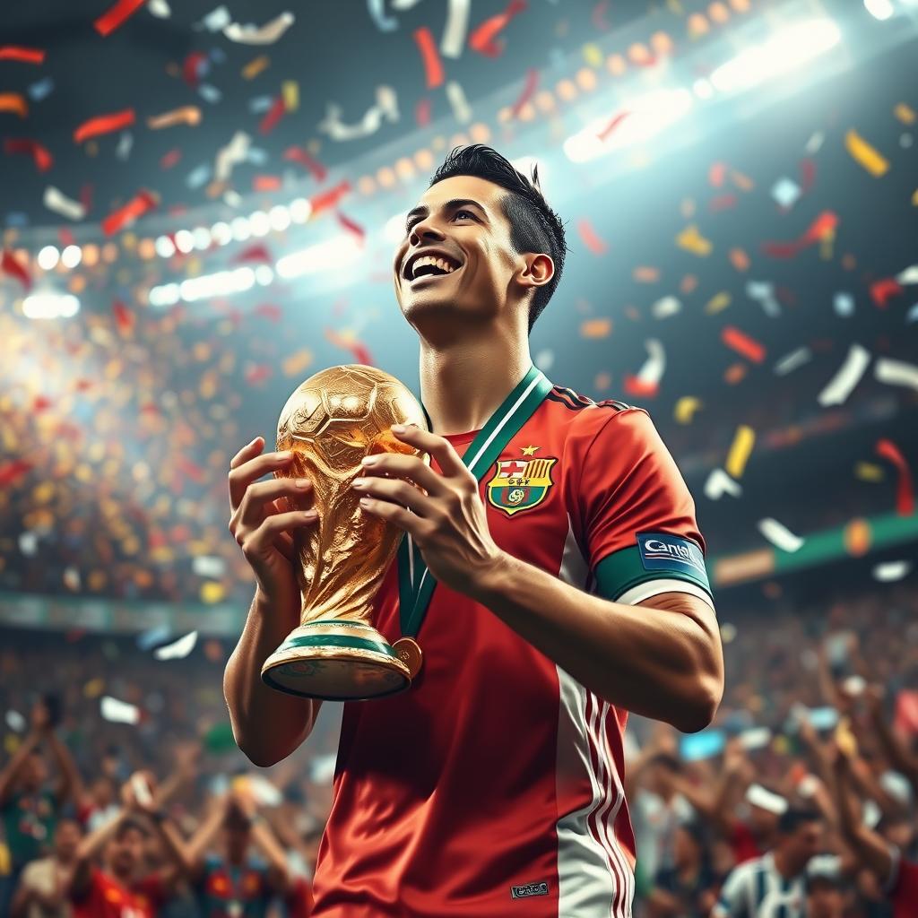 A highly detailed image of Cristiano Ronaldo celebrating with the FIFA World Cup trophy in a vibrant stadium, surrounded by cheering fans