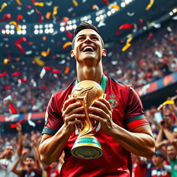 A highly detailed image of Cristiano Ronaldo celebrating with the FIFA World Cup trophy in a vibrant stadium, surrounded by cheering fans