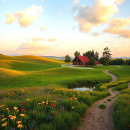 A vibrant, serene landscape featuring a picturesque countryside at sunrise, with rolling hills, lush green fields dotted with wildflowers in vivid colors such as yellow, purple, and red