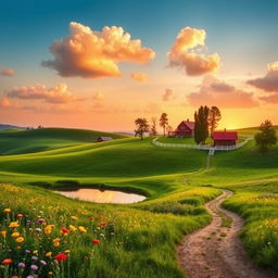 A vibrant, serene landscape featuring a picturesque countryside at sunrise, with rolling hills, lush green fields dotted with wildflowers in vivid colors such as yellow, purple, and red