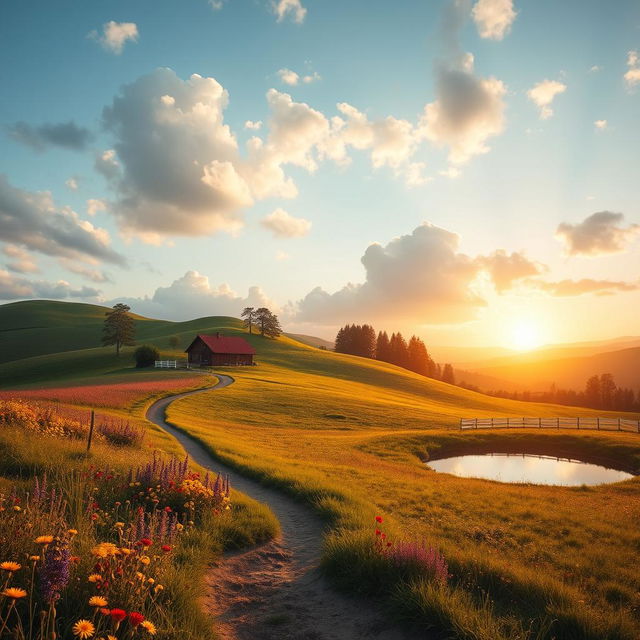 A vibrant, serene landscape featuring a picturesque countryside at sunrise, with rolling hills, lush green fields dotted with wildflowers in vivid colors such as yellow, purple, and red