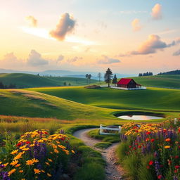 A vibrant, serene landscape featuring a picturesque countryside at sunrise, with rolling hills, lush green fields dotted with wildflowers in vivid colors such as yellow, purple, and red
