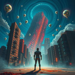 A surreal scene depicting an urban landscape distorted by an anomaly