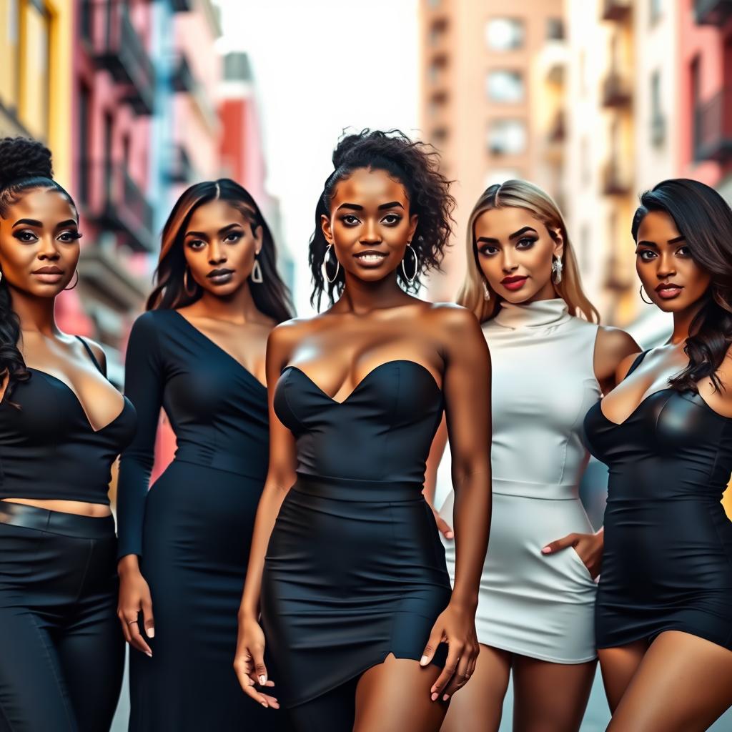 A collection of five stunning, confident women of diverse ethnicities, exuding charisma and elegance, each dressed in stylish, form-fitting outfits