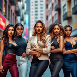 A collection of five stunning, confident women of diverse ethnicities, exuding charisma and elegance, each dressed in stylish, form-fitting outfits