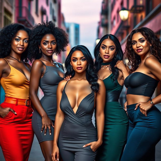 A collection of five stunning, confident women of diverse ethnicities, exuding charisma and elegance, each dressed in stylish, form-fitting outfits