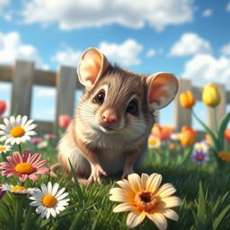A realistic depiction of a small, cute mouse with soft fur, large ears, and bright, inquisitive eyes
