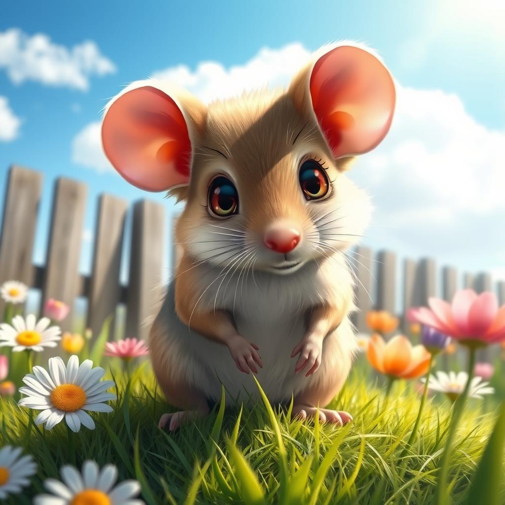 A realistic depiction of a small, cute mouse with soft fur, large ears, and bright, inquisitive eyes