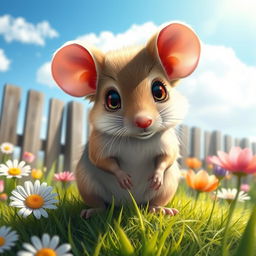 A realistic depiction of a small, cute mouse with soft fur, large ears, and bright, inquisitive eyes