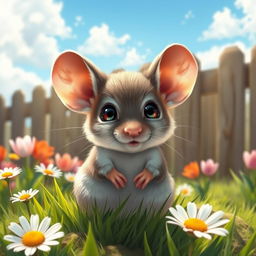 A realistic depiction of a small, cute mouse with soft fur, large ears, and bright, inquisitive eyes