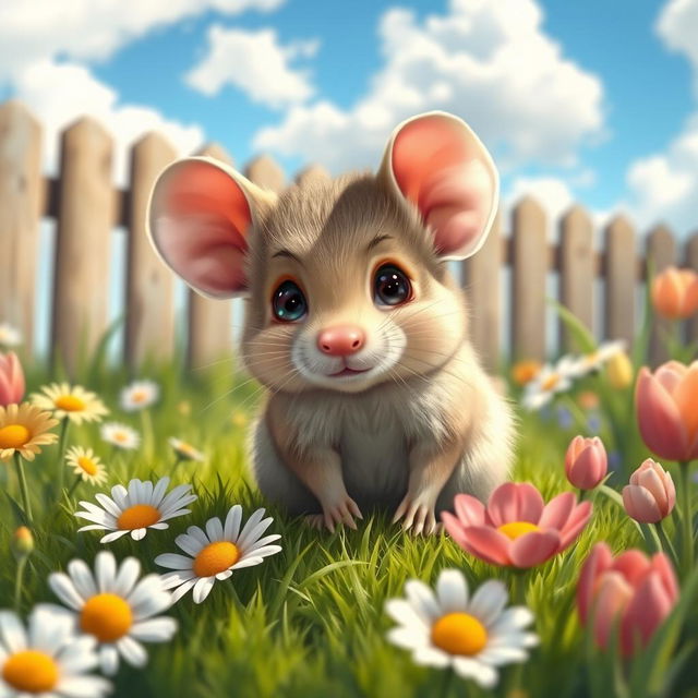 A realistic depiction of a small, cute mouse with soft fur, large ears, and bright, inquisitive eyes