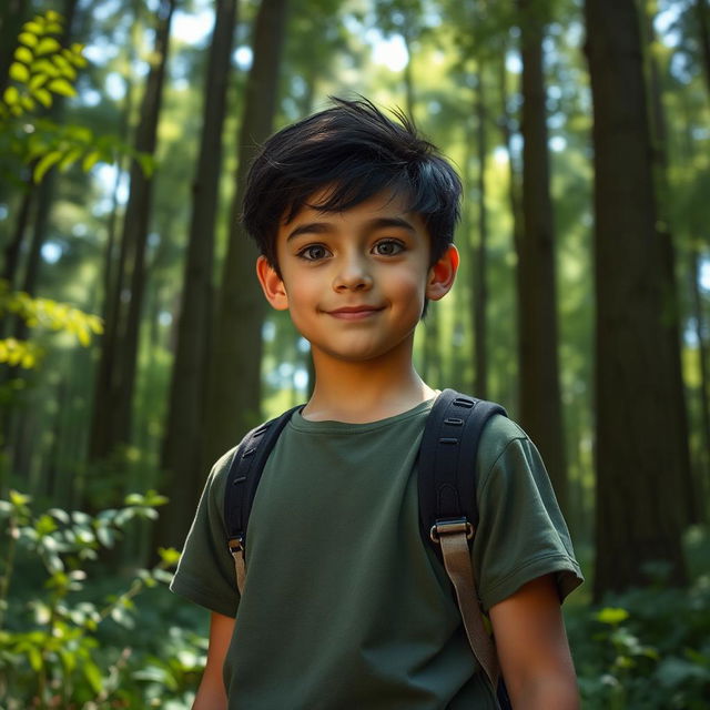 A stunning tall boy with black hair and gray eyes standing in a lush green forest, surrounded by tall trees and dappled sunlight filtering through the leaves