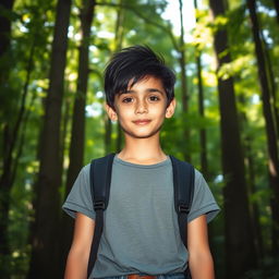 A stunning tall boy with black hair and gray eyes standing in a lush green forest, surrounded by tall trees and dappled sunlight filtering through the leaves