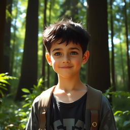 A stunning tall boy with black hair and gray eyes standing in a lush green forest, surrounded by tall trees and dappled sunlight filtering through the leaves