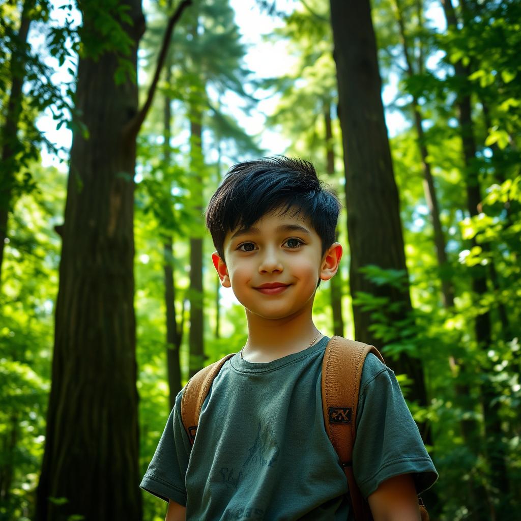 A stunning tall boy with black hair and gray eyes standing in a lush green forest, surrounded by tall trees and dappled sunlight filtering through the leaves