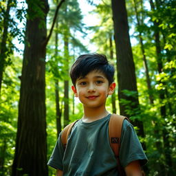 A stunning tall boy with black hair and gray eyes standing in a lush green forest, surrounded by tall trees and dappled sunlight filtering through the leaves