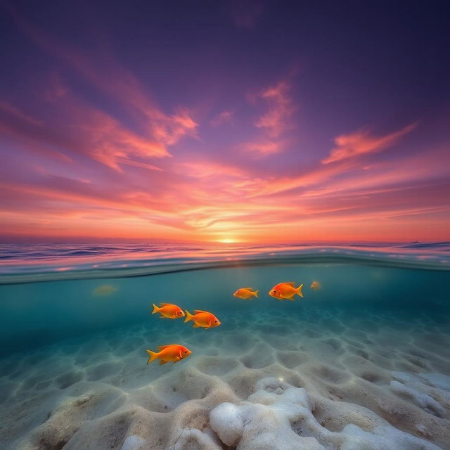 A beautiful seascape featuring a tranquil ocean with a deep purple sky, streaked with shades of orange and pink