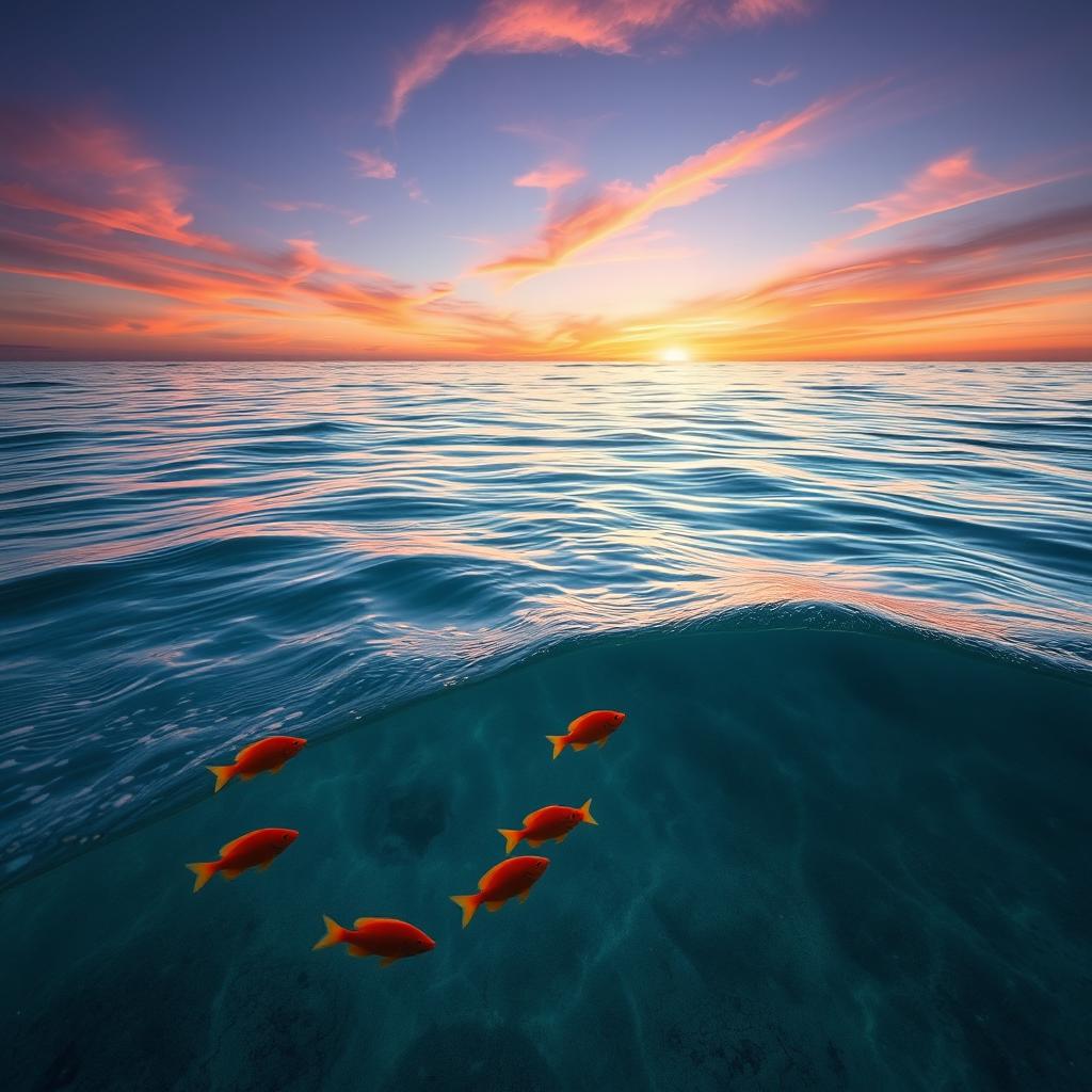 A beautiful seascape featuring a tranquil ocean with a deep purple sky, streaked with shades of orange and pink