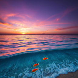 A beautiful seascape featuring a tranquil ocean with a deep purple sky, streaked with shades of orange and pink